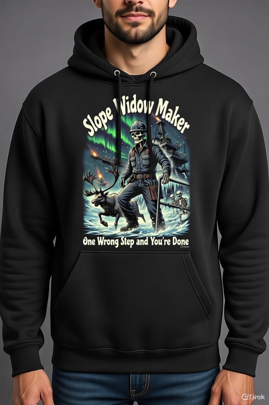 Slope Widow Maker Hoodie – One Wrong Step and You're Done | North Slope Rig Safety Skeleton Hoodie