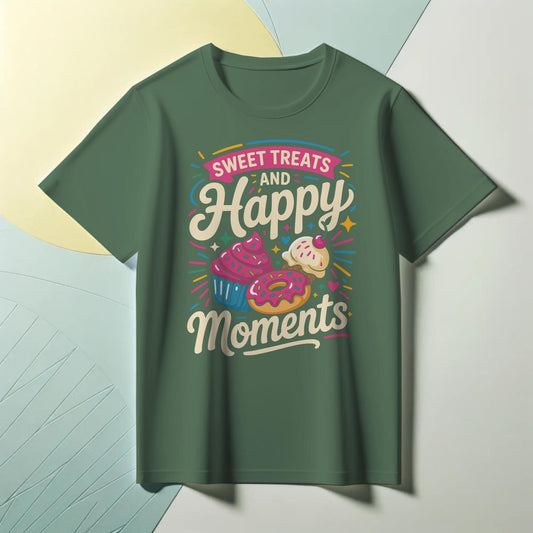 Sweet Treats and Happy Moments T-Shirt – Dessert Lover Tee with Cupcake & Donut Design – Whimsical Foodie Shirt