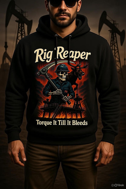 Rig Reaper Hoodie – Torque It Till It Bleeds | North Slope Oilfield Skeleton Roughneck Hoodie