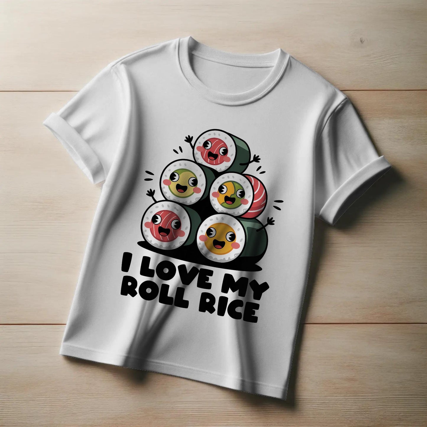 I Love My Roll Rice T-Shirt – Funny Sushi Pun Tee – Cute Cartoon Sushi Stack Shirt for Foodies