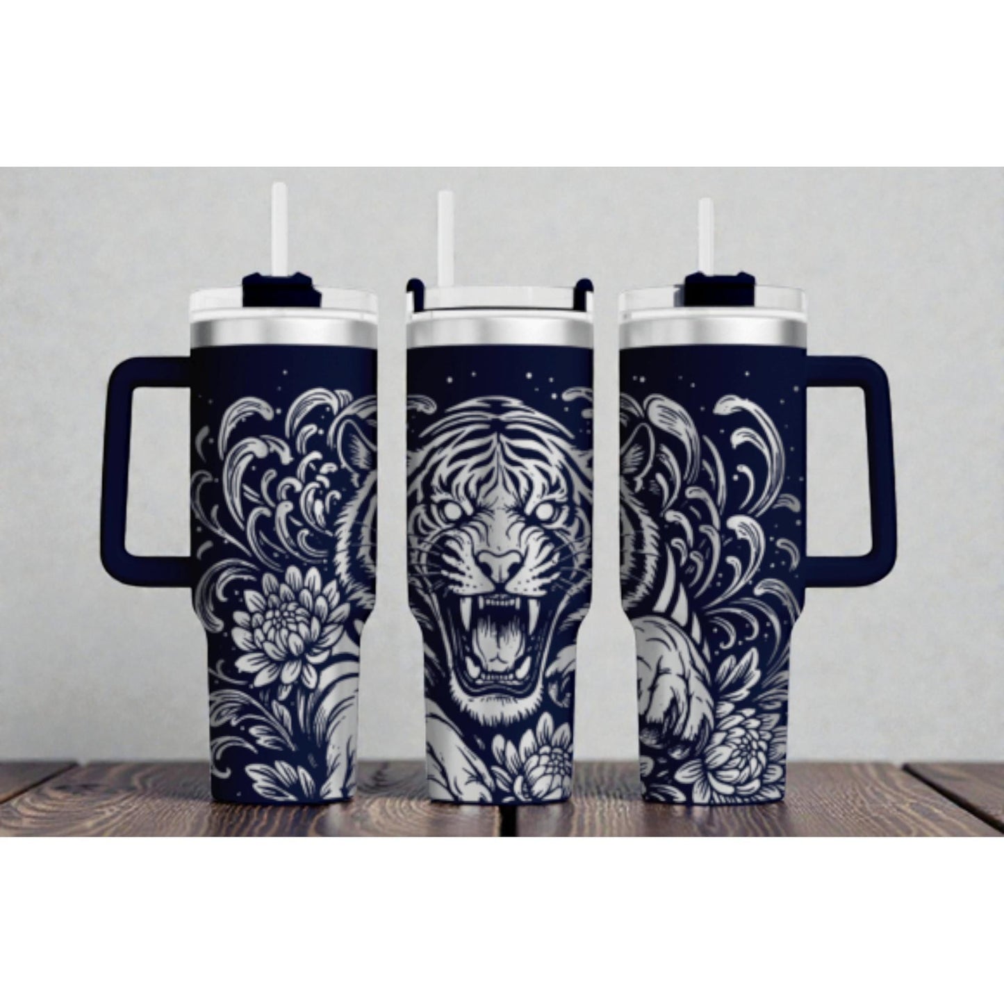 Roaring Tiger Tumbler – 40oz – Floral Wildlife Design – Asian-Inspired Art Drinkware