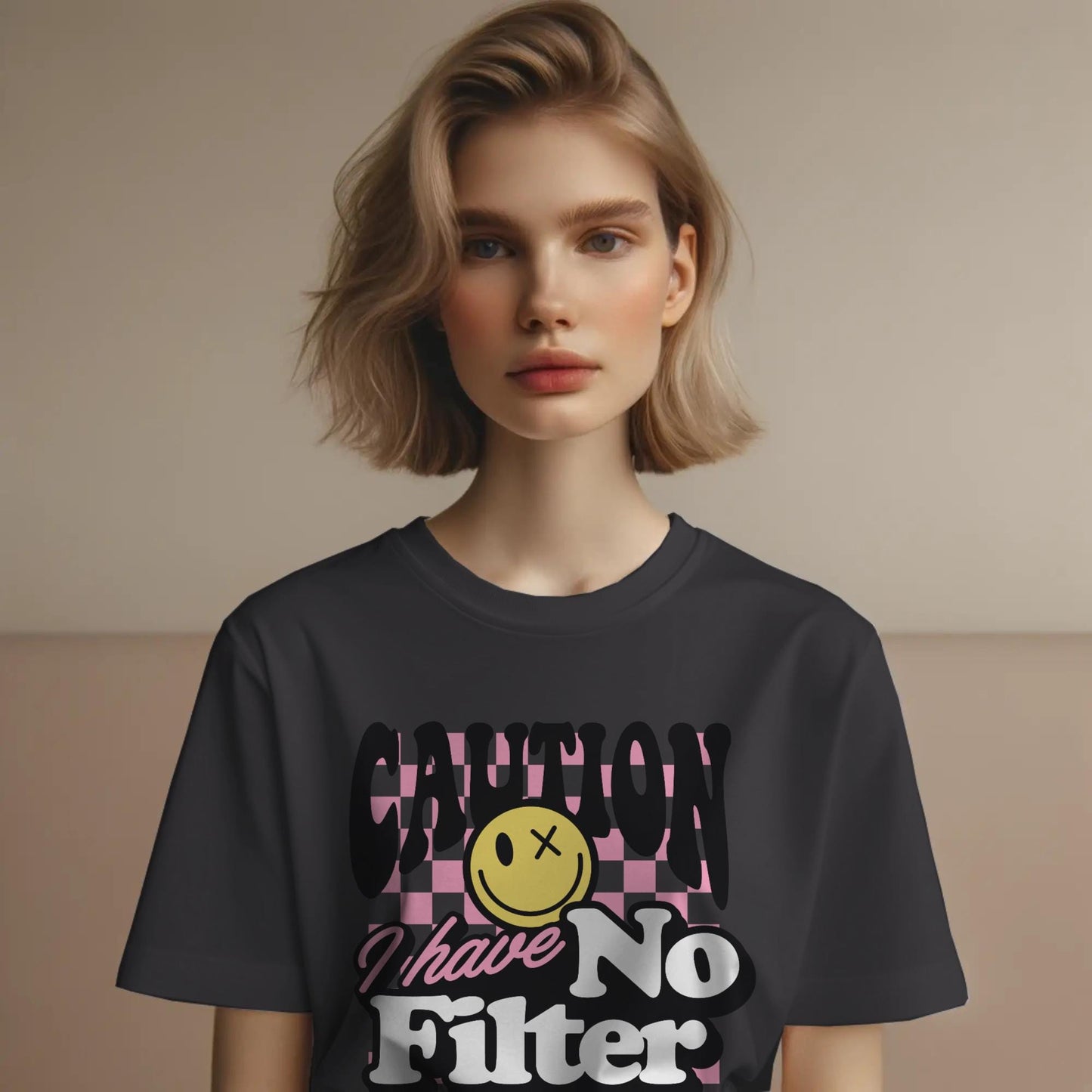 Caution I Have No Filter T-Shirt – Funny Attitude Tee with Edgy Smiley – Bold Graphic Shirt for Men & Women