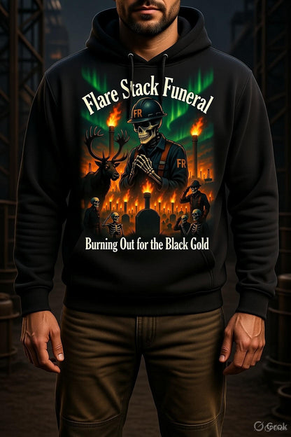 Flare Stack Funeral Hoodie – Burning Out for the Black Gold | Original North Slope Skeleton Hoodie