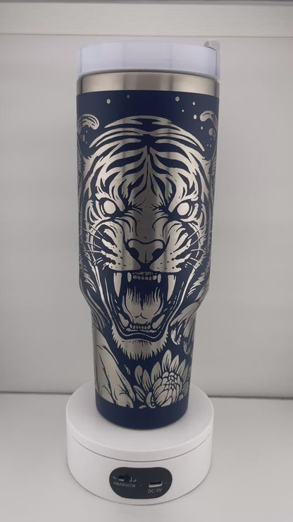 Roaring Tiger Tumbler – 40oz – Floral Wildlife Design – Asian-Inspired Art Drinkware